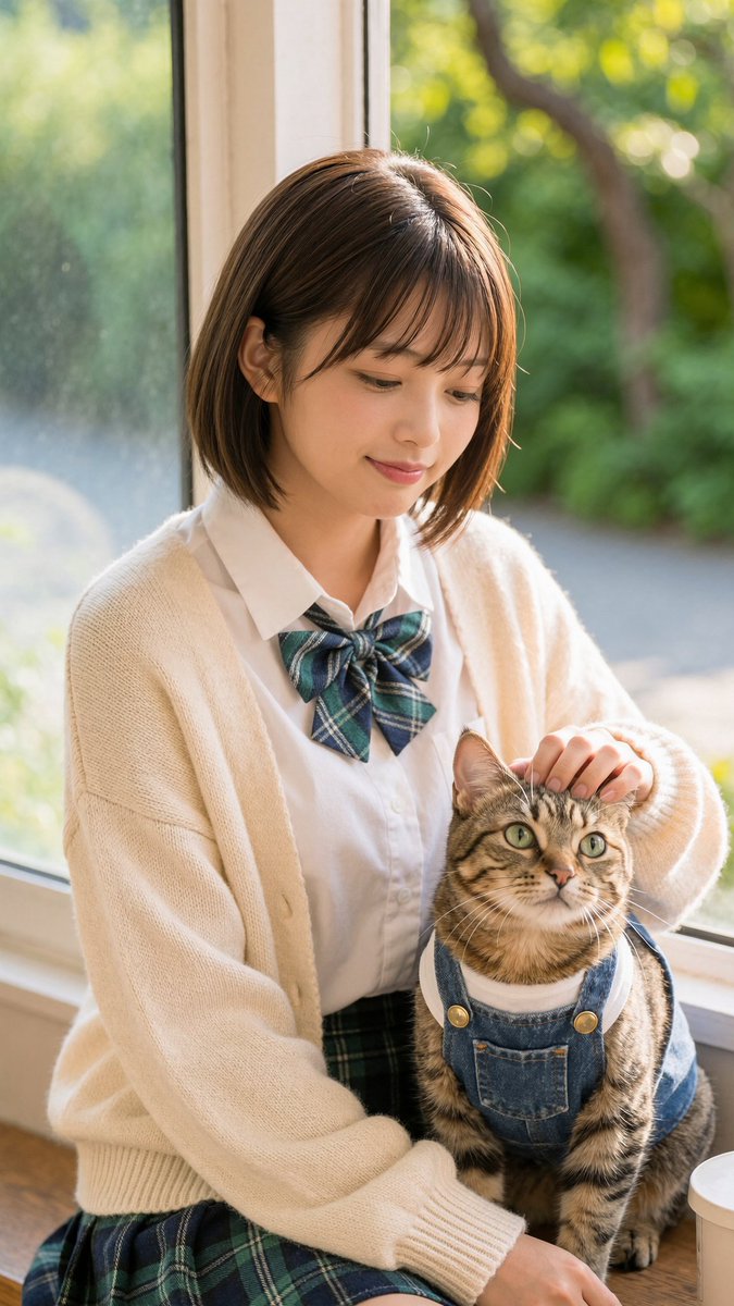 阳光窗边的女学生与猫