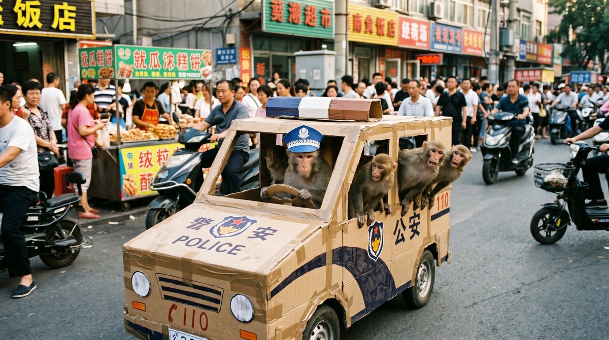 猴子巡逻队驾驶纸板警车