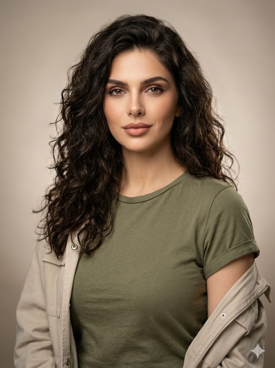 橄榄绿 T 恤编辑风格影棚肖像