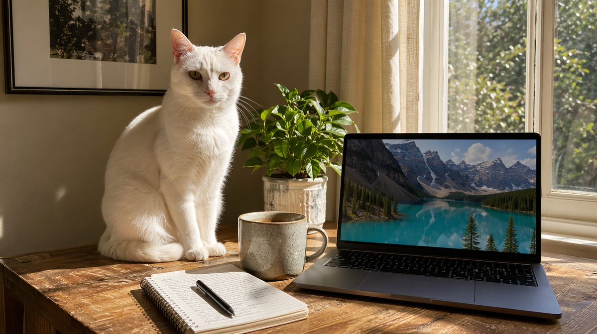 阳光洒满的书桌，白猫与笔记本电脑