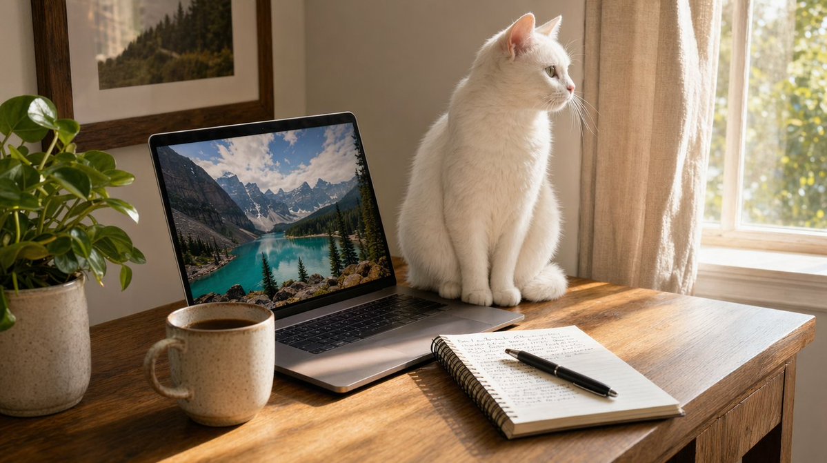 阳光洒满的书桌，白猫与笔记本电脑