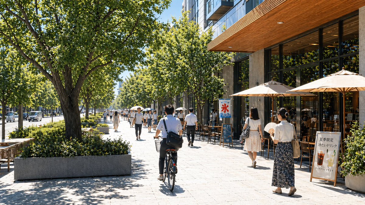 阳光明媚的日本咖啡馆街景