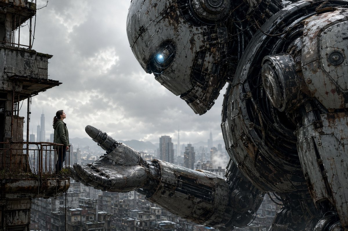 巨型机器人与阳台上的女子