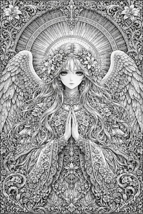 精致单色天使线条艺术