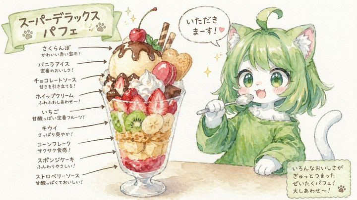 Character Eating Parfait with Annotations