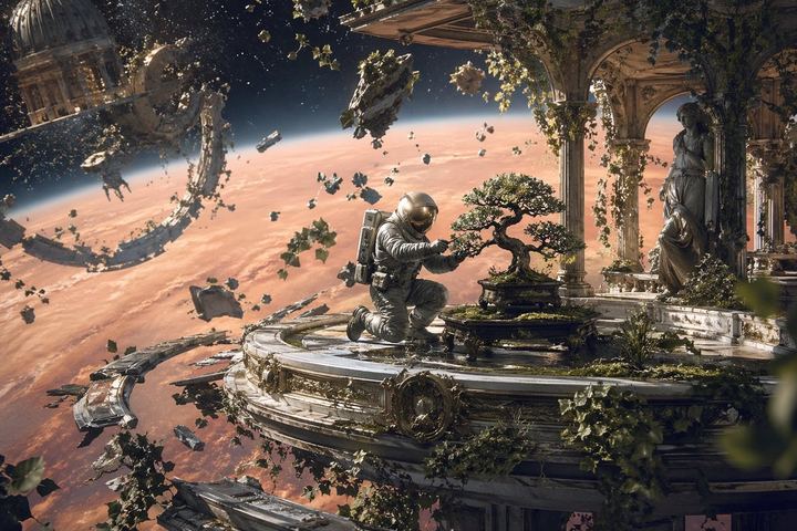 Astronaut Tending Bonsai in Space Ruins