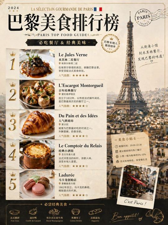 巴黎美食排行榜海报提示词