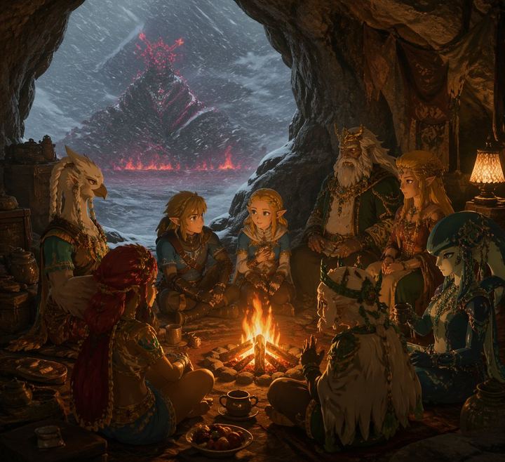 绯红山峦前的奇幻篝火