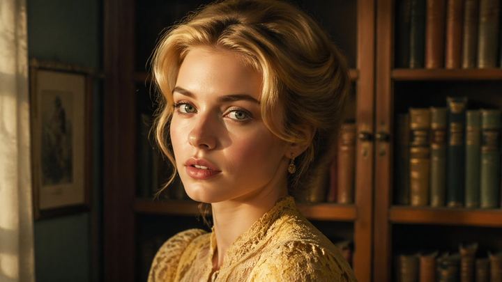 复古图书馆中的电影感女性