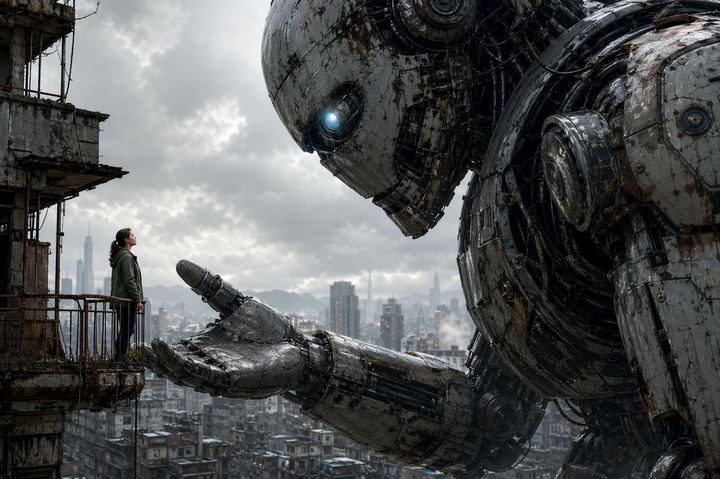 巨型机器人与阳台上的女子