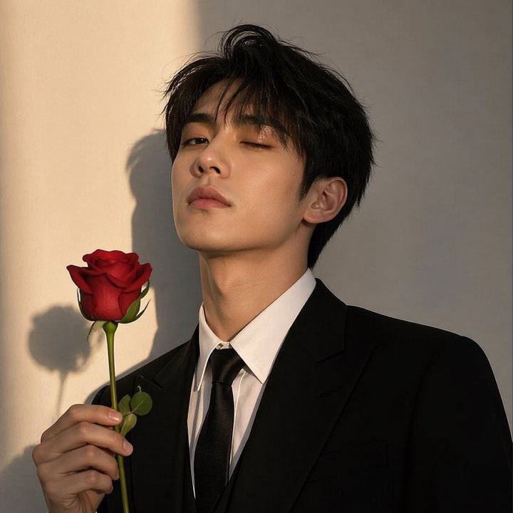 阳光下的西装肖像与红玫瑰