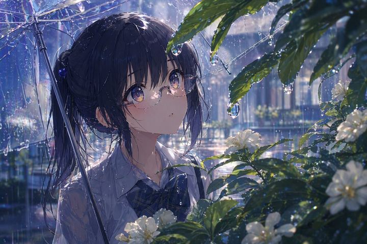 雨中撑伞的动漫少女