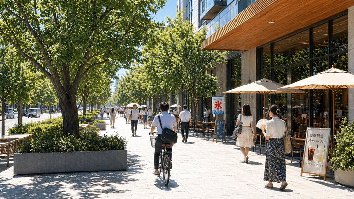 阳光明媚的日本咖啡馆街景