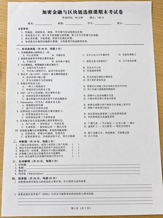 逼真的加密货币考试试卷