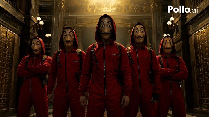 银行内电影质感的红色劫匪团队