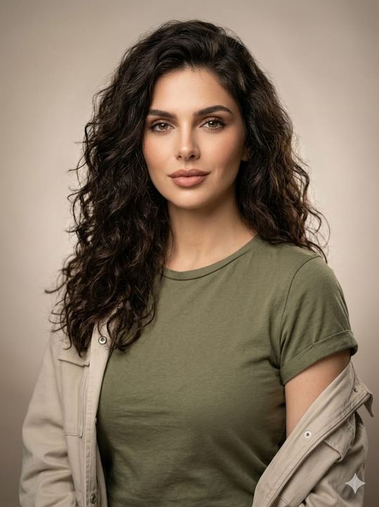 橄榄绿 T 恤编辑风格影棚肖像