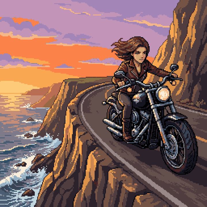 骑摩托车行驶在悬崖公路上的女性