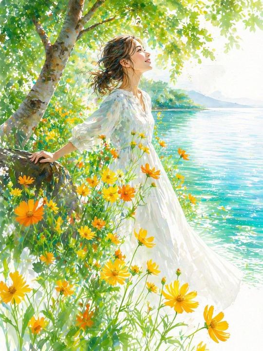 夏日湖畔的印象派女性