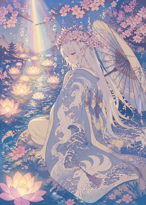 莲花池畔的粉彩动漫和服少女