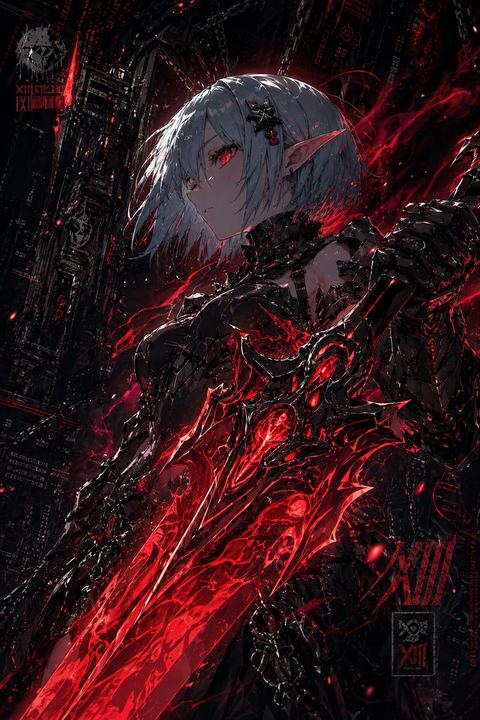 手持深红之刃的暗黑赛博精灵