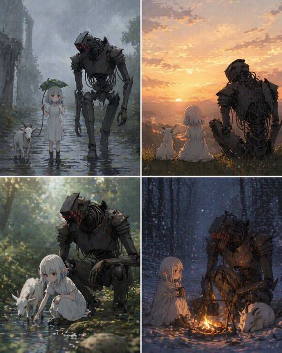 四格漫画：女孩、机器人与山羊的故事