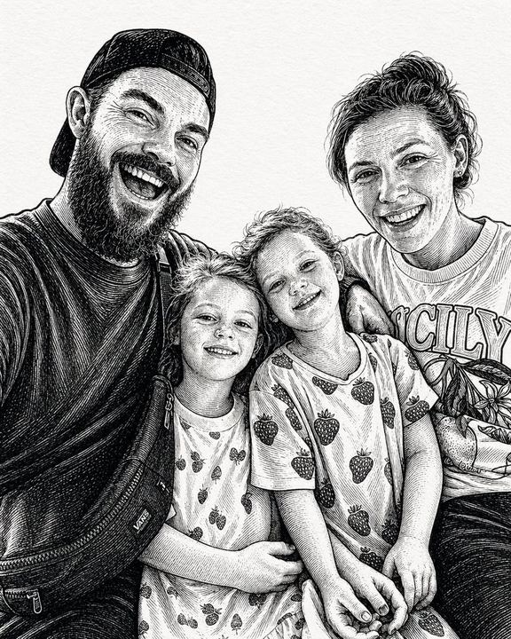 水墨蚀刻风格全家福